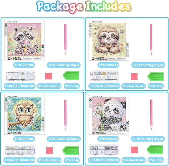 cviokrdu 4 PCS Diamond Art Kits for Kids, Animal Diamond Art for Kids Ages 4 8 12, Cute Sloths Koalas Owls Pandas Gem Art Kit Crafts Beginners for Gift Home Wall Decor(6x6inch)