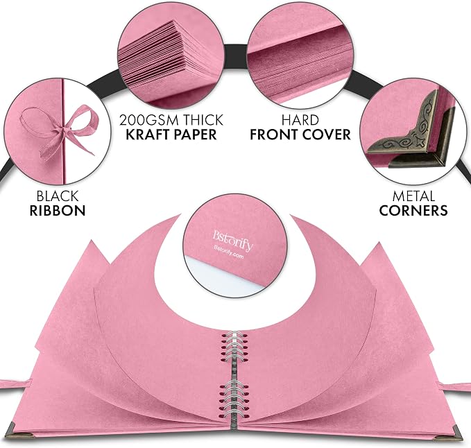 Bstorify Square Scrapbook Photo Albums 7 x 7 Inch Pink Thick Paper, Hardcover, Metal Corners, Ribbon Closure - Ideal for Your Scrapbooking Albums, Art & Craft Projects | Hardcover with Thick 200 GSM Kraft Paper, Ideal for Your Scrapbooking Albums, Art ...
