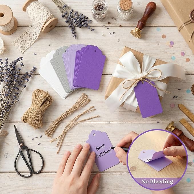 SallyFashion 170 PCS Gift Tags with String Attached, 1.8X3.4 inch | Multicolored Hanging Tags Purple Gray White, Wedding Birthday Holiday Party Favors