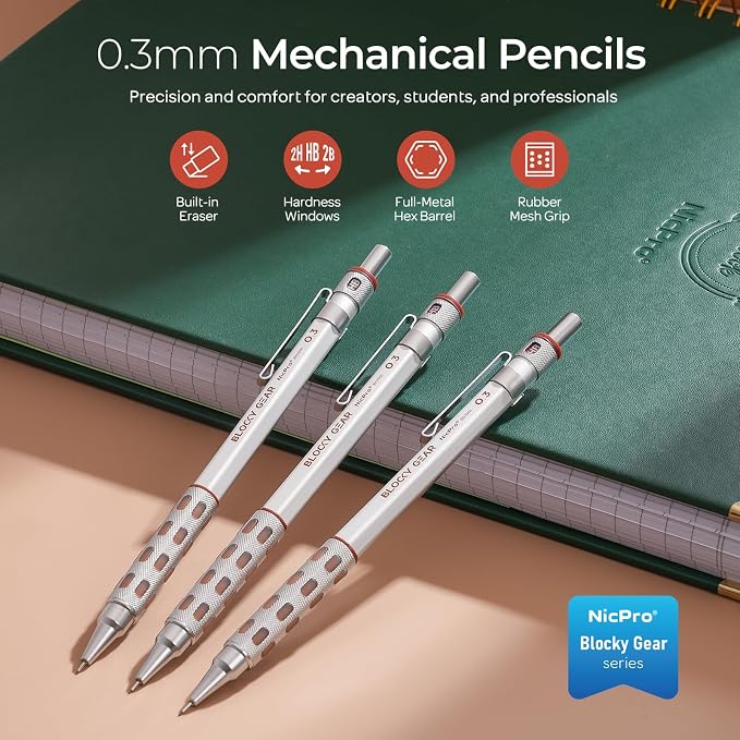 Nicpro 3 Pack Blocky Gear 0.3 mm Metal Mechanical Pencils Set with Case