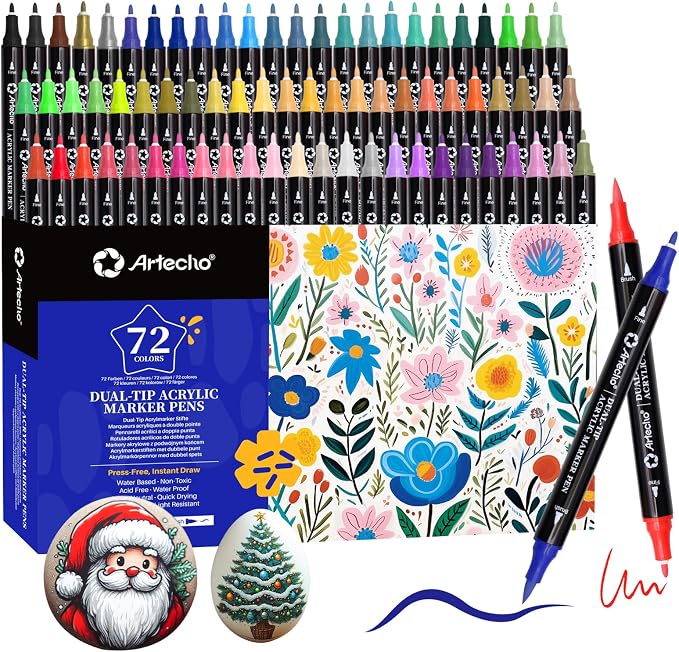 Artecho Acrylic Paint Markers 72 Colors with Brush Tip and Fine Tip