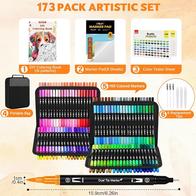 IVSUN 168 Colors Dual Tip Watercolor Markers Pens with Bag-Brush & Fine | Coloring Markers for Adult Coloring Book, Journaling, Drawing, Note Taking, Planner, Lettering, Calligraphy, Art Supplies Kit
