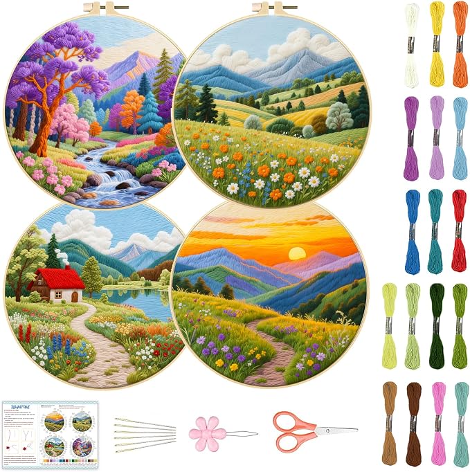BEUNITONE 4 Set Fairy Tale Landscape Embroidery Kit for Beginners 7.9"x7.9" Pre-Stamped Pattern Needlepoint Kits with Hoop, Tools & Instruction, Handamde Embroidery Kits for Fabric and Home Decor