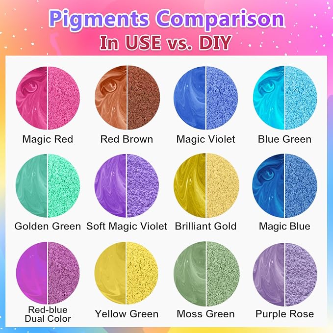 Mica Powder 12 Colors Pearlescent Pigment - for Resin Epoxy, Soap Making, Nail Polish, Lip Gloss, Eye Shadow, Bath Bomb, Slime & Candle - 10g Each Bottle(Magical Color Hues)