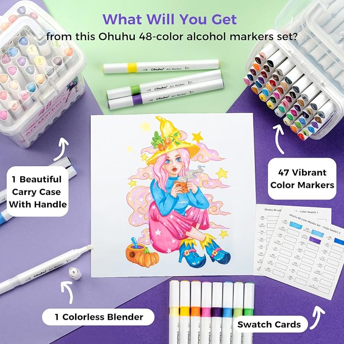 Ohuhu Alcohol Markers for Beginners 48 Colors Fine& Chisel Great Value Pack | Dual Tips Alcohol-based Art Marker for Adult Coloring Illustration Drawing with Colorless Blender Storage Case