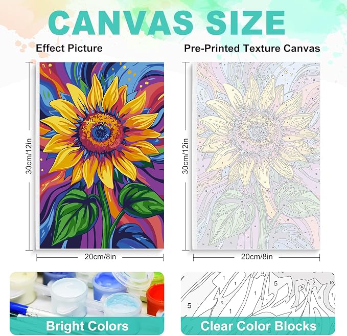 Framed Paint by Numbers Kit for Adults, Colorful Sunflower, 8 x 12 Inch | DIY Adult Paint by Number Kit for Beginners, Floral Wall Decor, Stress Relief Craft Gift, Creative Hobby