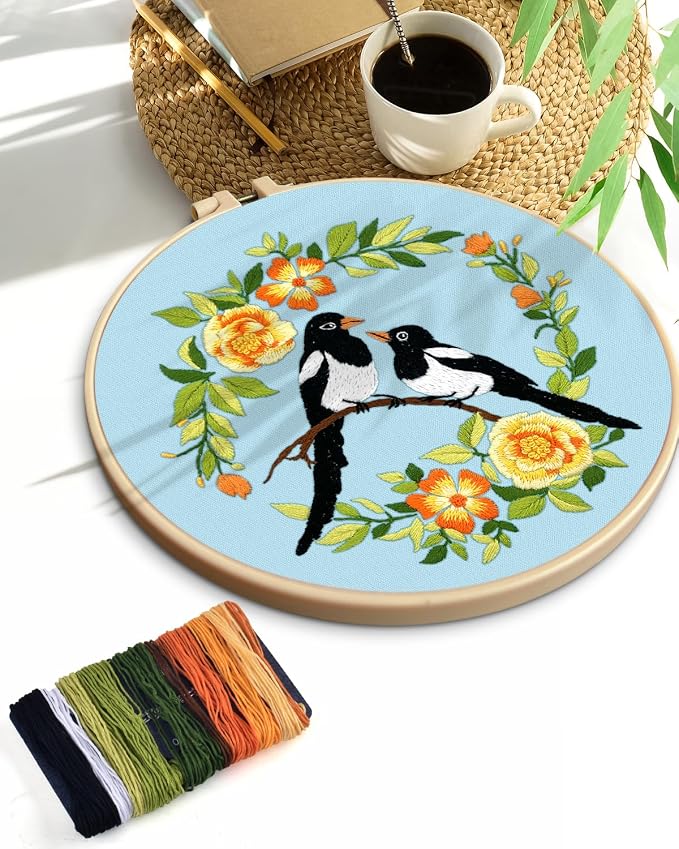 TINDTOP Embroidery Kit for Beginners Adult, Bird Embroidery Kit | Include Embroidery Cloth Hoops Threads for Craft Lover Hand Stitch with Embroidery Skill Techniques