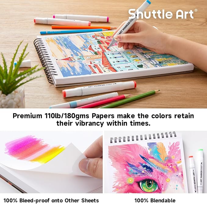 Shuttle Art Marker Pad, 70 Sheets, Spiral-Bound, 12”x9”, 110LB/180GSM Paper | Portable Sketchbook, Smooth Surface, Alcohol Markers Bleedproof Art Paper Great for Artists to Draw, Paint & Sketch