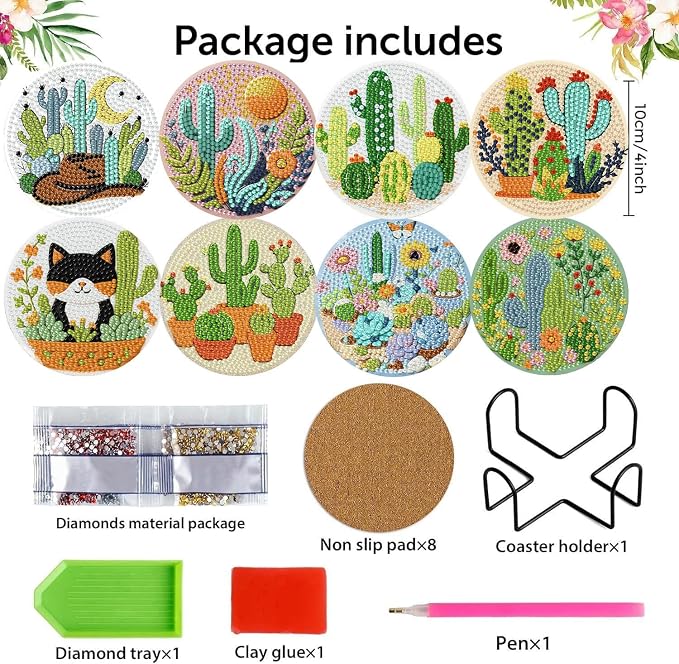 mrpwnle 8 Pcs Diamond Art Coasters Kits, Cactus Diamond Painting Coasters