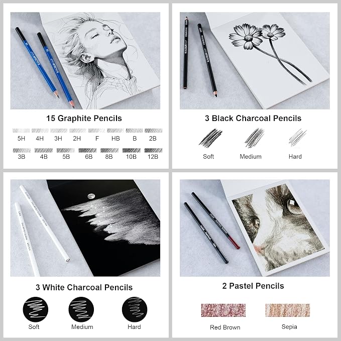 KALOUR 140 Drawing Set Sketching Kit,Art Supplies with 3-color Sketchbook & Coloring Paper,Include Tutorial, Colored, Graphite, Charcoal, Watercolor & Metallic Pencil,for Artists Adults Teens Beginner