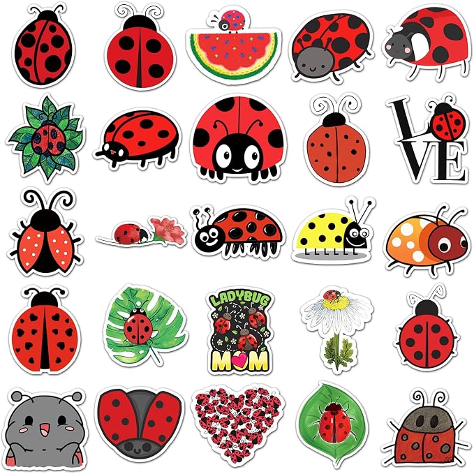 50Pcs Waterproof Ladybug Stickers, Cute Ladybird Vinyl Decals for Water Bottle, Laptop, Luggage, Skateboard, Scrapbooking, DIY Decor (Ladybug)