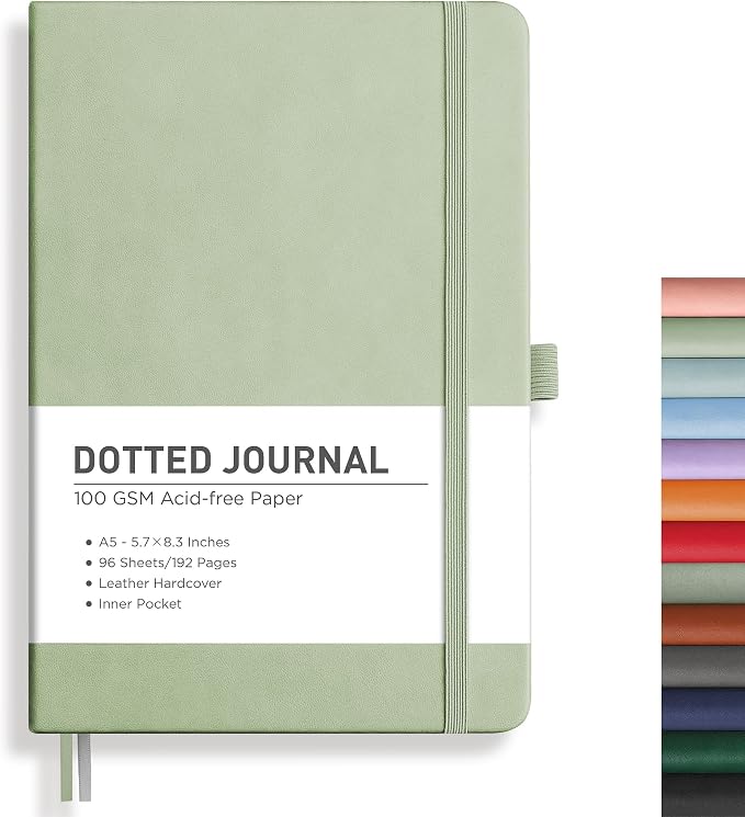 RETTACY Dotted Journal Notebook, 192 Pages, A5 Medium Size (5.7'' x 8.3'') | Leather Hardcover, 100 GSM Thick Paper, for Journaling, Planning, Tracking (Light Green)