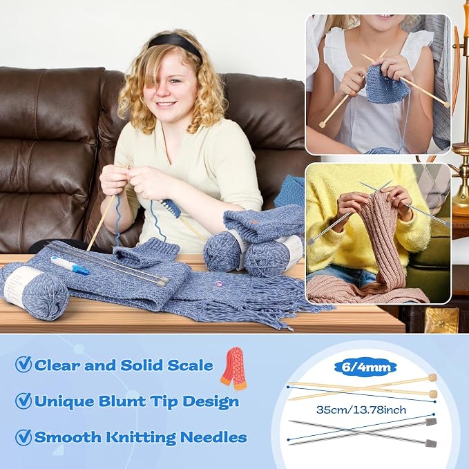 Coopay Knitting Kit for Beginners, Hat Scarf Glove Knitting Kit w/Guide | Learn to Knit Hat Scarf Glove, Knitting Starter Kit for Adults w/ 6pcs Yarn, w/Step-by-Step Tutorial, 4PCS Knitting Needles