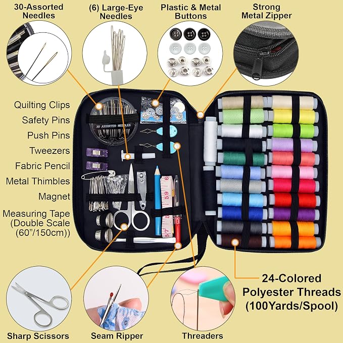 Vellostar Sewing Kit for Adults & Kids - 100-Piece Light Grey Beginner Set | Compact and portable, this sewing kit fits in a bag or glovebox for repairs on the go