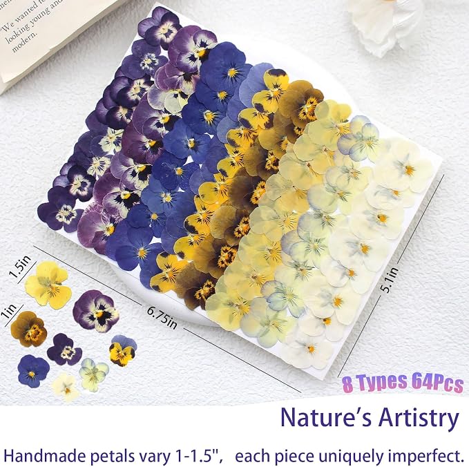 LUXEEASE 8 Color 64P Pansy Dried Pressed Flowers