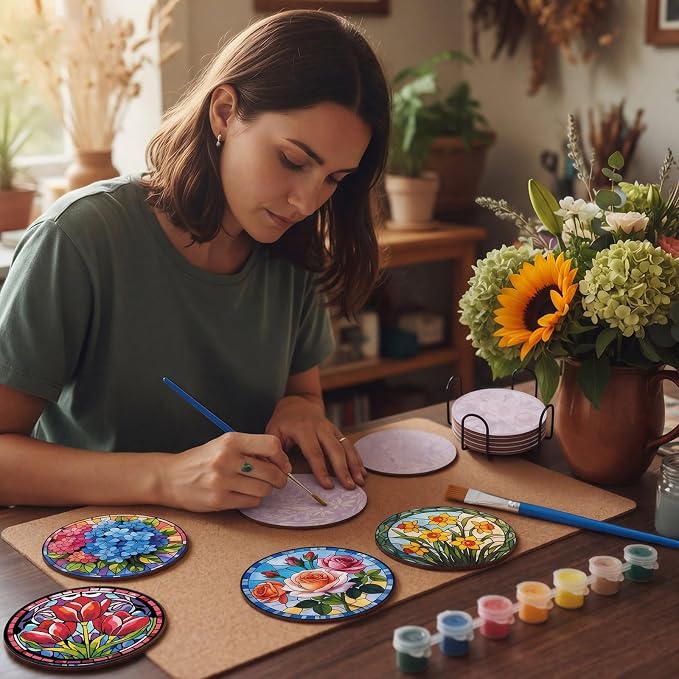 Reallnaive 16 Pcs Flower Paint by Numbers Kit for Adults Wood Floral Coaster