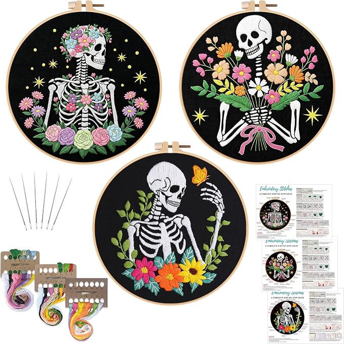 Louise Maelys 3 Pack Embroidery Kit for Beginners Floral Halloween DIY | Complete Set for Halloween Skeleton Crafts. Cross Stitch Kits with Floral Designs and Needlepoint Kit For DIY Projects