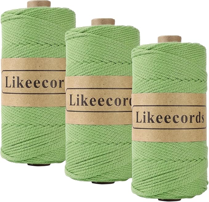 Likeecords 100% Cotton Crochet Yarn for Bag,3 Rolls/Pack 2mm x 510m,Macrame Cord,Chunky Yarn for Crocheting Handbag, Purse,Blankets Crafts Projects (Green)