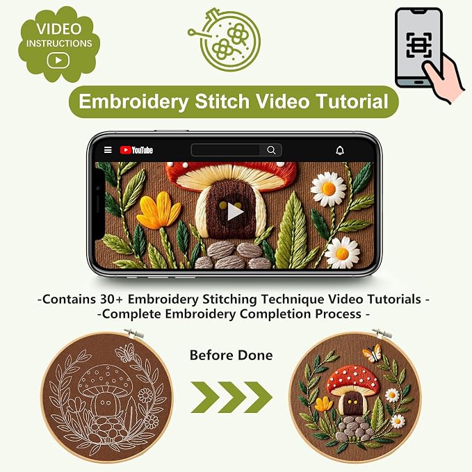 Santune 3 Pack Embroidery Kit Cross Stitch Needlepoint Kits for Beginners Adult Needle Point Sets with Mushroom & Horse Embroidery Patterns, Includes Step-By-Step Instructions & Accessories