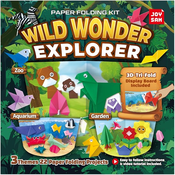 JOYSAM Wild Wonders Explorer Origami Paper Folding Kit for Kids Ages 5-8 8-12, Made in Korea, 22 Projects with Tri-fold 3D Display Boards, Easy Manual with QR Video Tutorial Included