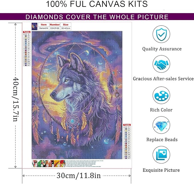 Dorwendis Wolf Diamond Art Kits for Adults, 5D Wolf Diamond Painting Kits for Adults, DIY Round Full Drill Diamond Art Craft for Home Wall Decor 12x16inch