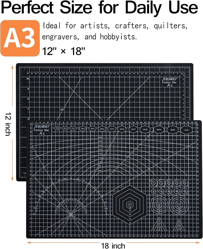 Density-upgraded 18"x12" Self Healing Cutting Mat, Idemeet Rotary Sewing Mat for Crafts, 5-Ply Blade Table Protector Cut Board for Fabric Leather Cutting Quilting Modeling Hobby Project, A3, Black