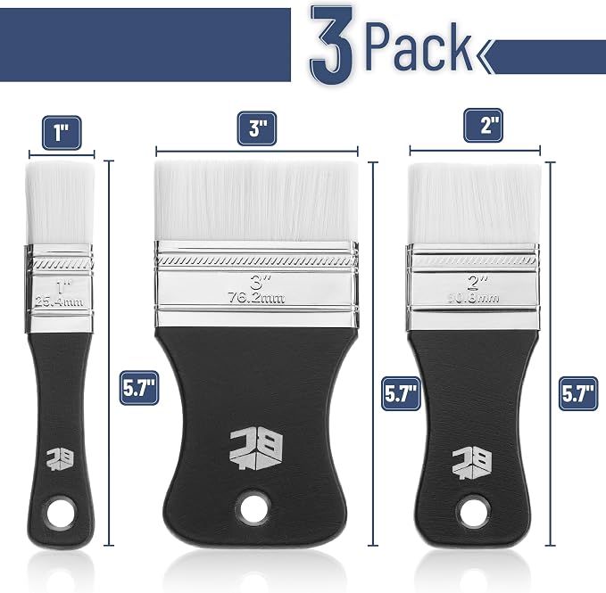 Bates- Flat Paddle Paint Brush Set, 3 Pack, 1"/2"/3" Nylon Bristles | Scale Paddle Brush with Short Ergonomic Handle for Oil and Acrylic Paints Varnishes Painter Artist