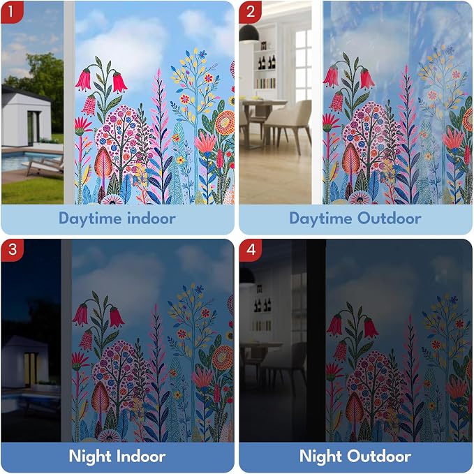 ADD.HERES Window Privacy Film,Colorful Floral Window Stickers,Removable DIY Bouquet Static Clings, Decals for Home School Office Party Supplies, Vivid Flower Field, 17.5" x 78.7"