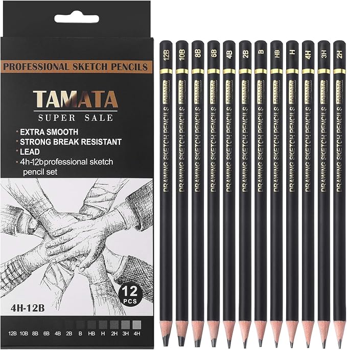 RVOGJP TAMATA Professional Drawing Sketching Pencil Set - 12 Pieces Art Graphite Pencils(12B - 4H), Ideal for Drawing Art, Sketching, Shading, for Beginners & Pro Artists