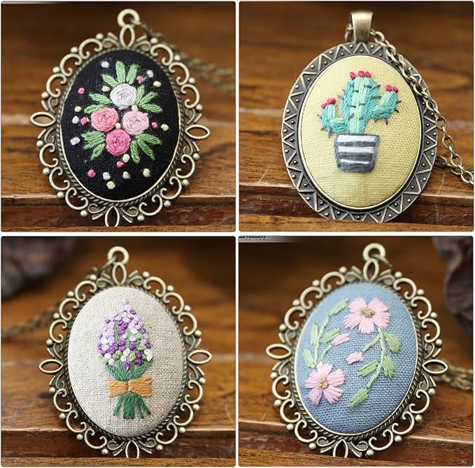 ZOCONE 4 Packs Embroidery Necklace Kits, Embroidery Pendant Kit Mini Cross Stitch Kit with Hoop, Necklace, Pendant, Stamped Pattern Cloth, Instructions, etc. Embroidery Kits for Adults
