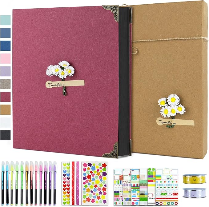 Vienrose DIY Scrapbook Photo Album Kit with Stickers, Pens, Tapes, 60 Pages Hardcover Memory Book, 8.5x11 Inch 3 Ring Binder with Black Pages, Guest Book Gift for Wedding, Travel & Anniversary Red | 30 Sheets,Hardcover,3-Ring Removable Black Paper,Pens...