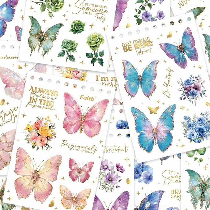 Flower and Butterfly Sticker Book, 30 Sheets 300+ Pcs, PET Material with Gold and Holographic Foil, for Planner Scrapbooking Journaling Card Making