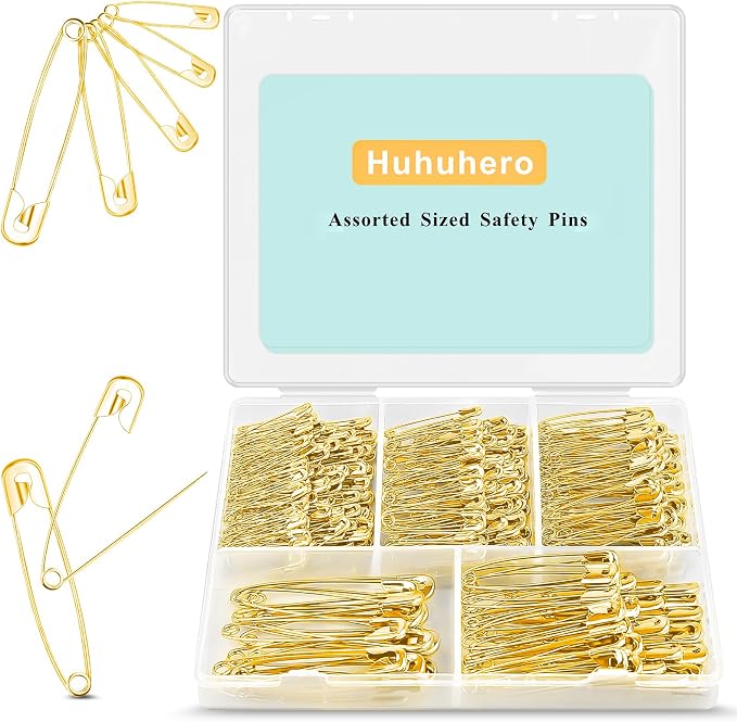 Huhuhero 340 Pack Safety Pins Assorted, 5 Different Sizes Pin Bulk, Gold