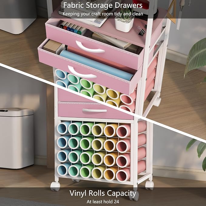 VENNQD Organizer and Storage Stand Compatible with Cricut Machines, Rolling Storage Cart/Shelf with 24 Vinyl Roll Holders, 2 Fabric Drawer, Accessories Holder, Tool Hook for Craft Room Home (Pink)