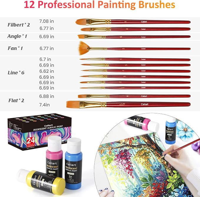 Caliart 24 Chameleon Colors Iridescent Acrylic Paint Set with 12 Brushes ﻿ | Craft Painting kit for Adults Artists Beginners, Rich Pigment Non-toxic, Canvas Wood Rock Pumpkin Ceramic Art Supplies Paint