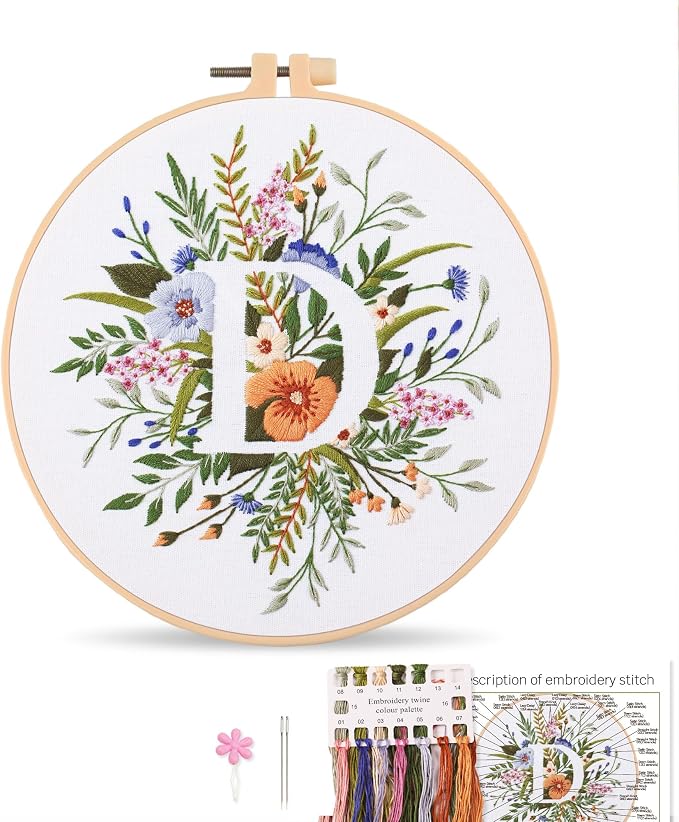Harimau Letter D Pattern Embroidery Kit for Adult Beginners, Complete Starter Pack with 1 Hoop, Needles, Instruction Guide & Embroidery Stitch Video Tutorials
