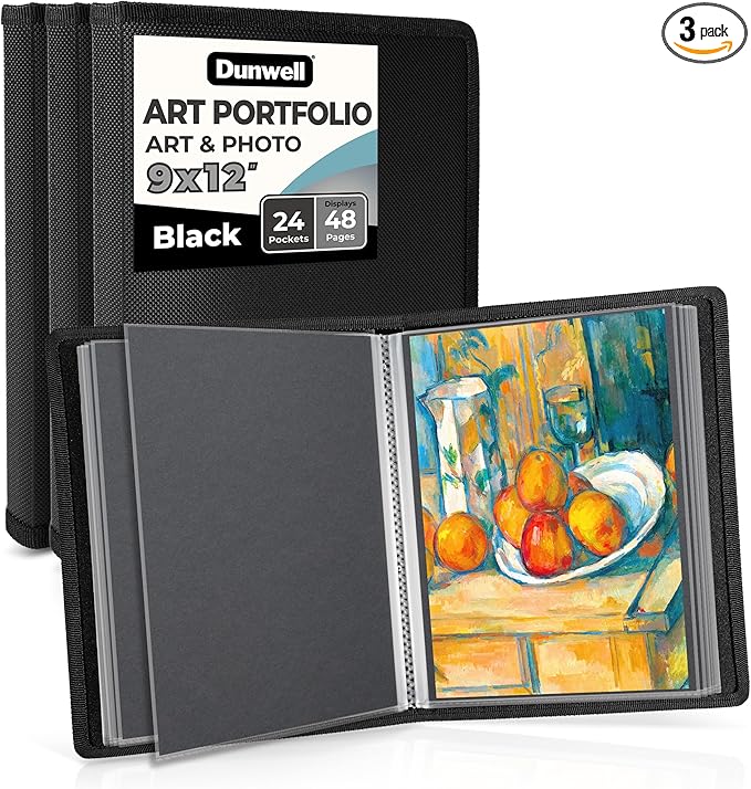 Dunwell 9x12 Art Portfolio Binder, 24 Pockets, 3-Pack, Black
