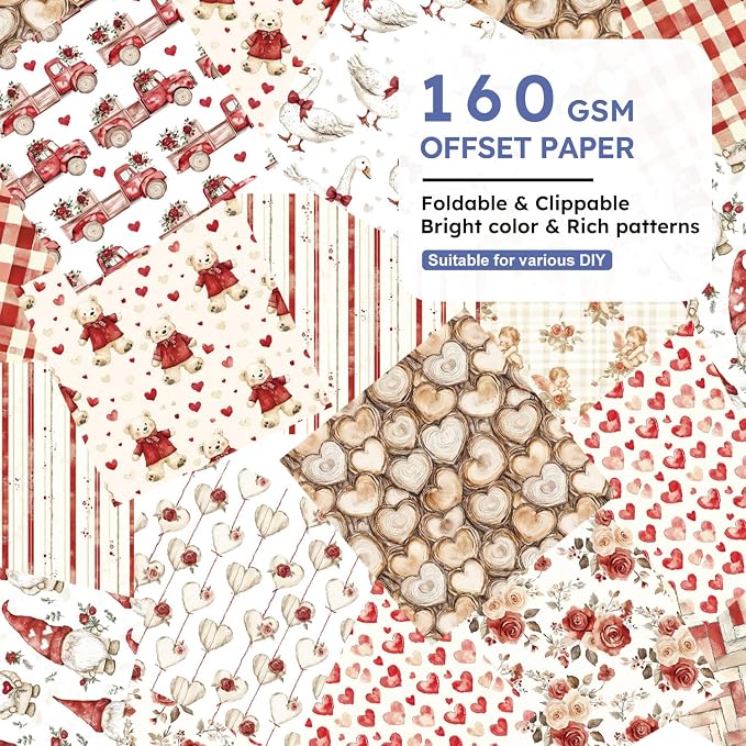 24 Sheets Cute Scrapbooking Paper Pad - 6inch Sweet Patterns Designed Supplies for Valentine Christmas DIY Crafts Cardstock Material Journals Collage Diary Gift Folded Wrapping