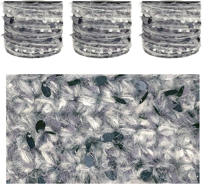 Artisanal Yarn Collection Multifiber Fancy Yarn with Sequins & Iridescent Shimmering Threads for Knitting Crocheting Crafts DIY, Set of 3 Rolls (Gray)