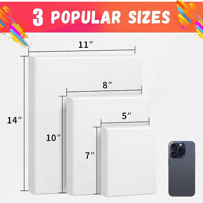 FIXSMITH Stretched Canvas for Painting, 5"x7", 8"x10", 11"x14", Pack of 3, Pre-Primed Canvases Wood Framed, Blank White Painting Canvas Boards for Acrylic, Oil and Gouache Painting