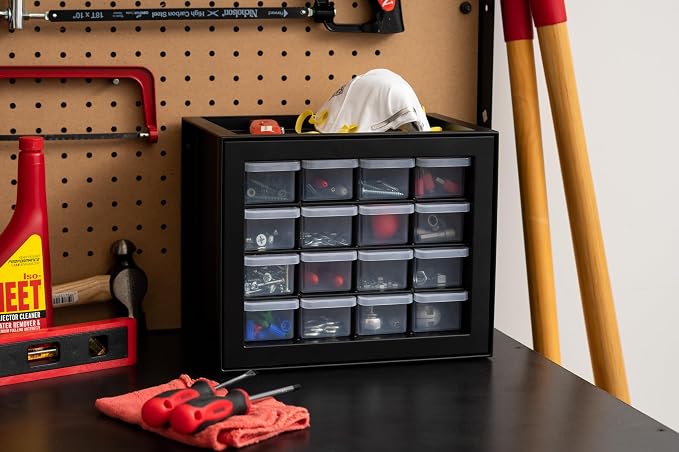 IRIS USA 16-Drawer Small Drawer Organizer, Garage Desk Storage, Black | Wall mountable, Stackable Teacher Toolbox, Beads, Building Bricks, Water Packets, Screws, Hardware