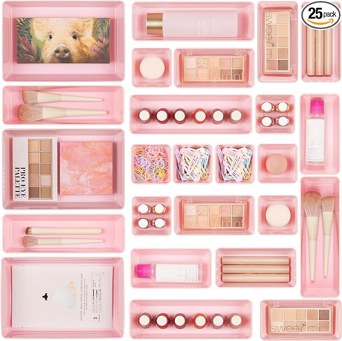 Vtopmart 25 Pack Plastic Drawer Organizers with Non-slip Rubber Pads | 4-Size Versatile Makeup Organizer, Storage Containers Small Bins for Makeup, Jewelries, Bedroom, Kitchen Utensils and Office