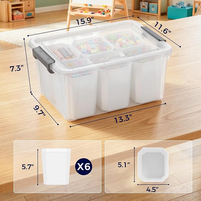 17QT 2Packs Clear Marker Organizer – 6 Detachable Inserts, Stackable Craft Organizers and Storage, Art Supply Organizer for Markers, Crayon, Pencils, Pens and Craft Supplies