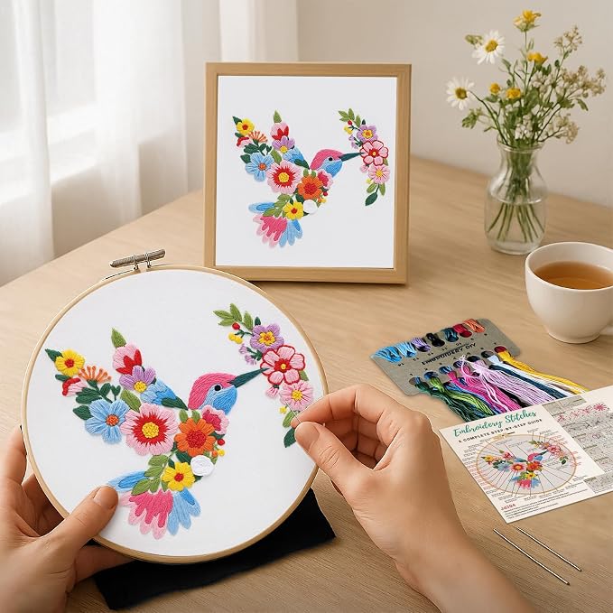 Nuberlic Embroidery Kit for Beginners with Bird and Flower Pattern | Adults Starter Cross Stitch Kit DIY Needlepoint with Hoop, Pre-Printed Fabric, Threads & Step-by-Step Guide
