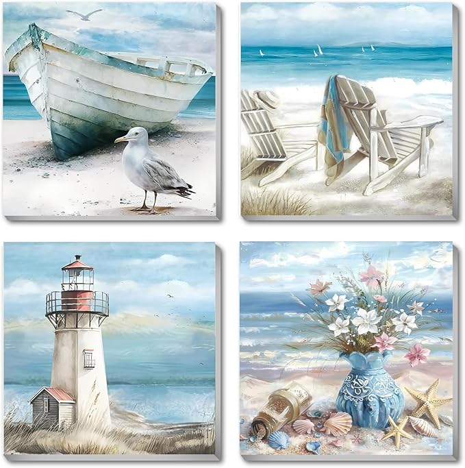 4 Packs Beach Paint by Numbers Kit for Adults Beginners with Frame, DIY Sea Side Adult's Paint by Number on Canvas, Watercolor Oil Painting Numbers Arts and Crafts Kits for Home Wall Decor 8 x 8 Inch