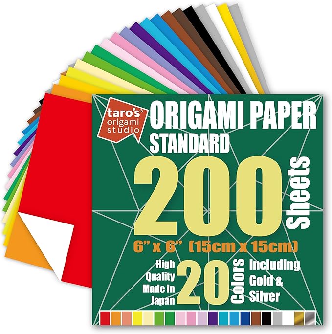 [Taro's Origami Studio] Standard 6 Inch One Sided 20 Colors 200 Sheets Square Easy Fold Premium Japanese Paper for Beginner (Gold and Silver Included) Made in Japan