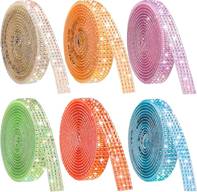 NiArt 6 Rolls Self Adhesive Rhinestone Ribbon 6 Yards DIY Bright Colors