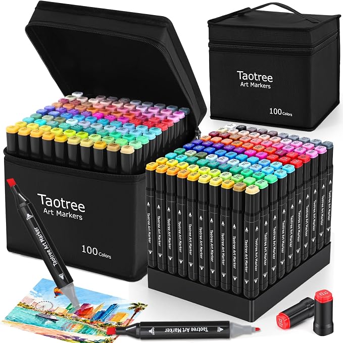 Taotree Alcohol Markers 100 Colors Case & Holders, Art Markers Dual Tips | Chisel & Fine Coloring Pens, Sketch Pens, Art Supplies for Adult Coloring Books Artist Coloring Painting, Drawing, Sketching