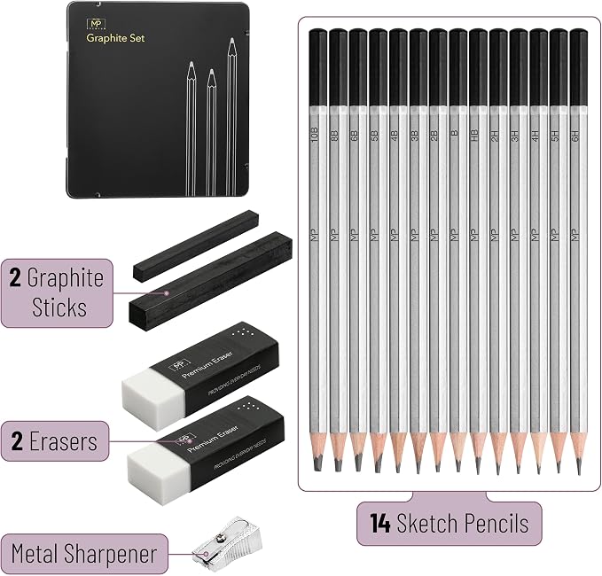 Mr. Pen- Drawing Sketching Pencil Set, 19 pcs, Graphite Pencils (10B-6H) | Graphite Sticks, Erasers, Metal Sharpener, for Drawing, Sketching, Shading & Art Projects