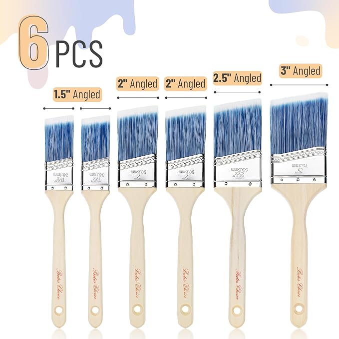 Bates Angle Paint Brushes, 6 Pack - 1.5", "2", "2.5", "3" Inch, Treated Wood Handle, Stain & Wall Paint Brushes for Walls & Furniture
